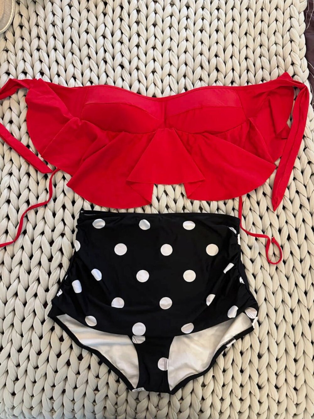 COCOSHIP 3XL Red Ruffle Swim Top + Polkadot High Waist Bottoms
